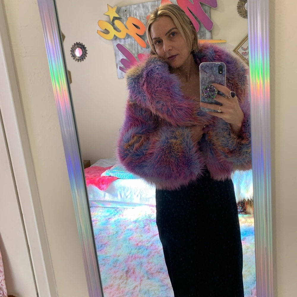 Reversible Rainbow Faux Fur Crop Jacket